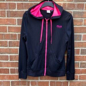 EUC Sz M FILA Sport black zip up hoodie w hot pink zipper
